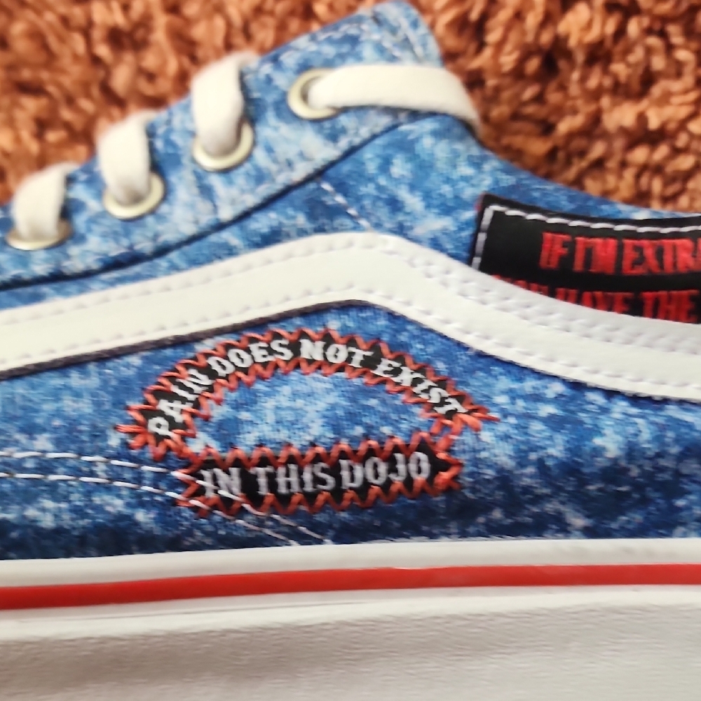 Vans Blue Acid Wash Men's Sneakers Cobra Kai Best Defense More Offense - Picture 8 of 14